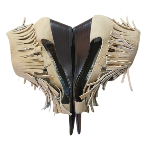 Matiko Tan Fringed Wedge Sandals Suede Open Toe Women's Sandals size 7.5 - Picture 2 of 10